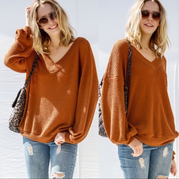 Infinity Raine Tops - LAST ONE! Relaxing V-Neck Long Sleeve Top-Rust